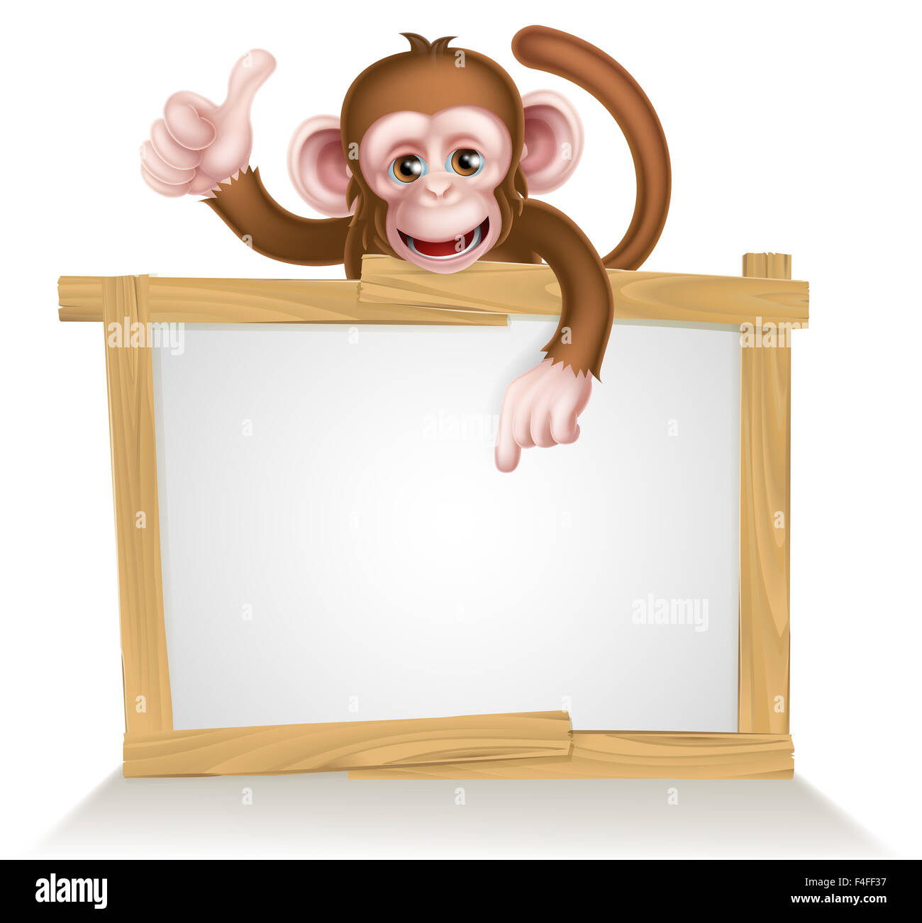 Monkey Cartoon character peeking sur un signe et pointant sur elle Banque D'Images