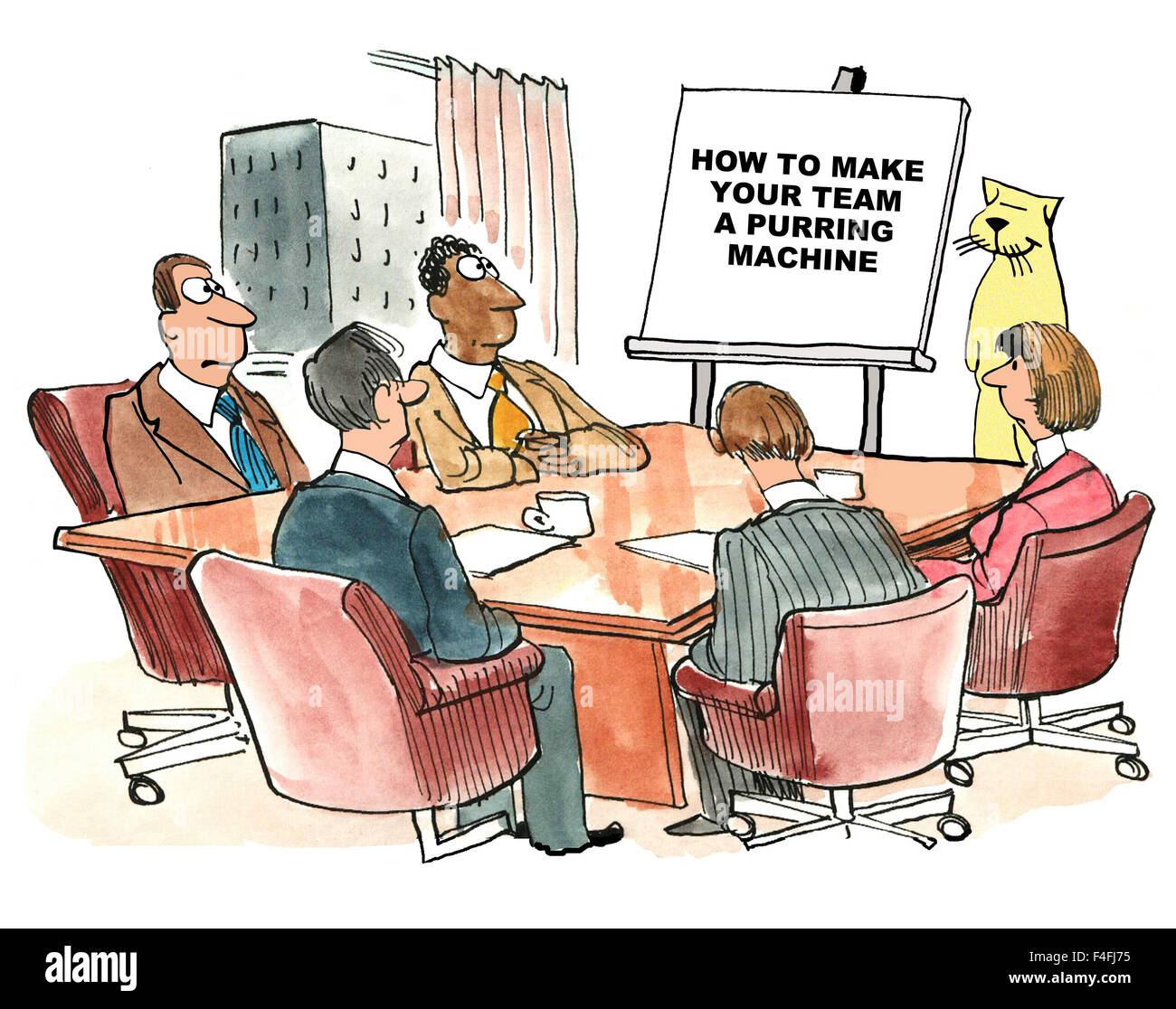 Cartoon professionnel de personnes lors d'une réunion dirigée par un chat, 'Comment faire de votre équipe une machine ronronnant'. Banque D'Images