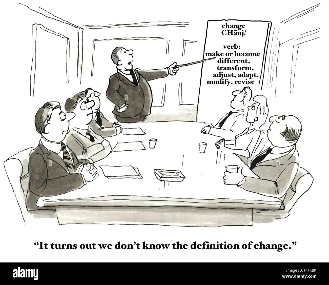 Cartoon professionnel de personnes lors d'une réunion ou d'un graphique la définition de "modifier". "Il s'avère que nous ne connaissons pas la définition de changement." Banque D'Images