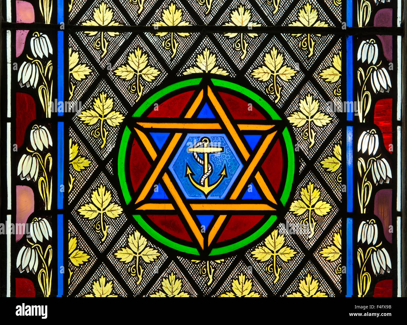 Étoile de David et l'ancrage des vitraux dans l'église de l'Assomption, Beckley, Oxfordshire, England, UK Banque D'Images