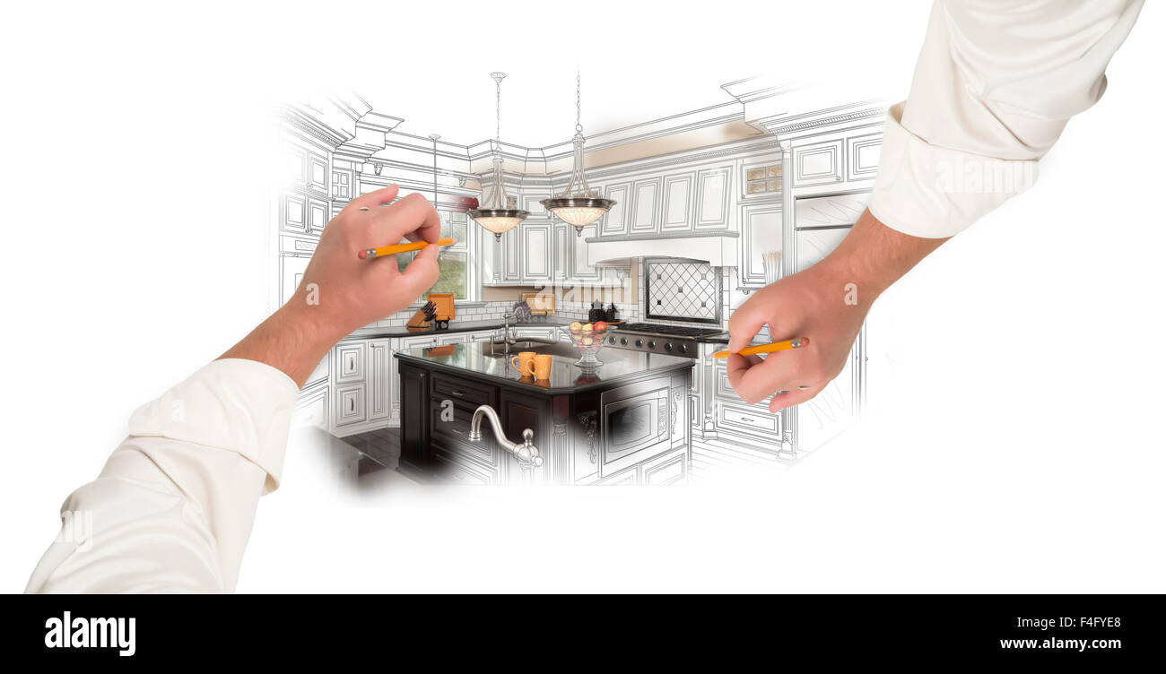 Image Main d'hommes deux Esquisses au crayon une cuisine personnalisée avec une photo montrant à travers. Banque D'Images
