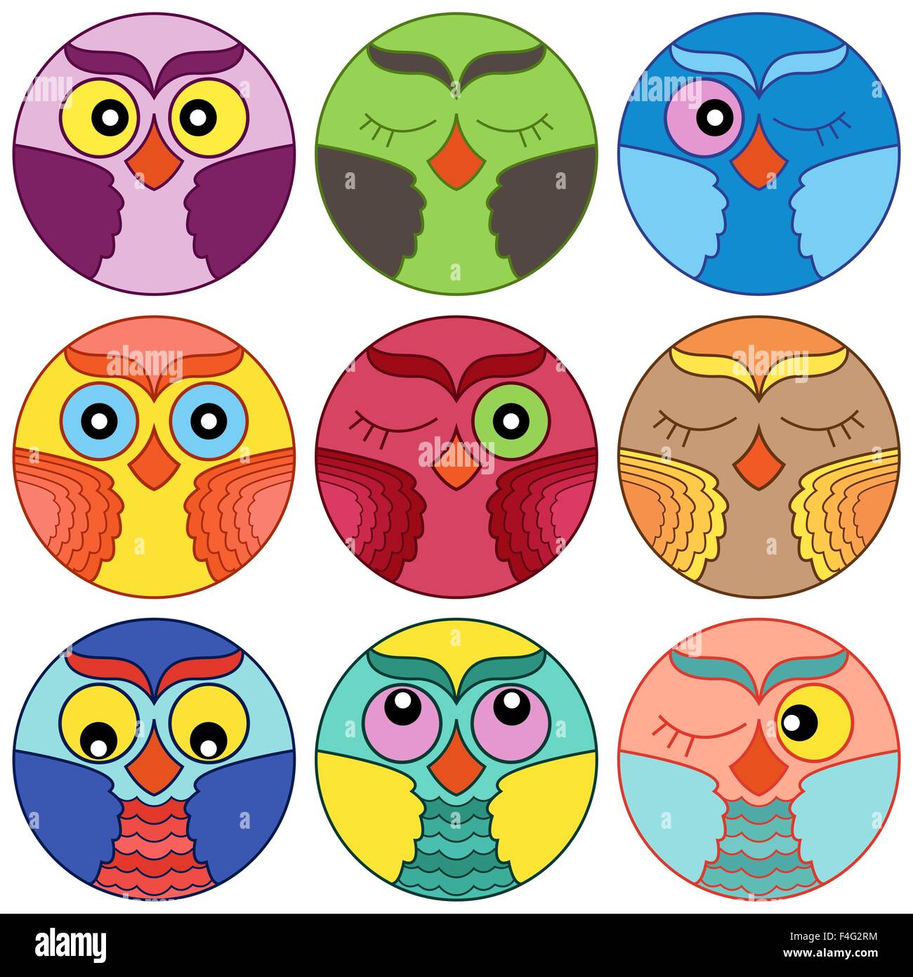 Ensemble de neuf visages cute owl colorés placés en cercle formes et isolé sur un fond blanc, cartoon vector illustration comme ic Illustration de Vecteur