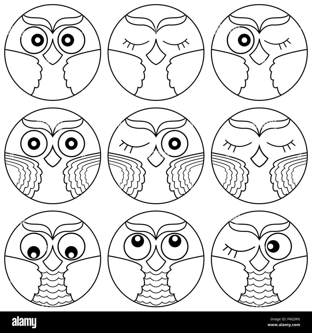 Ensemble de neuf visages cute owl placés en cercle formes et isolé sur un fond blanc, cartoon vector contours noirs comme des icônes Illustration de Vecteur