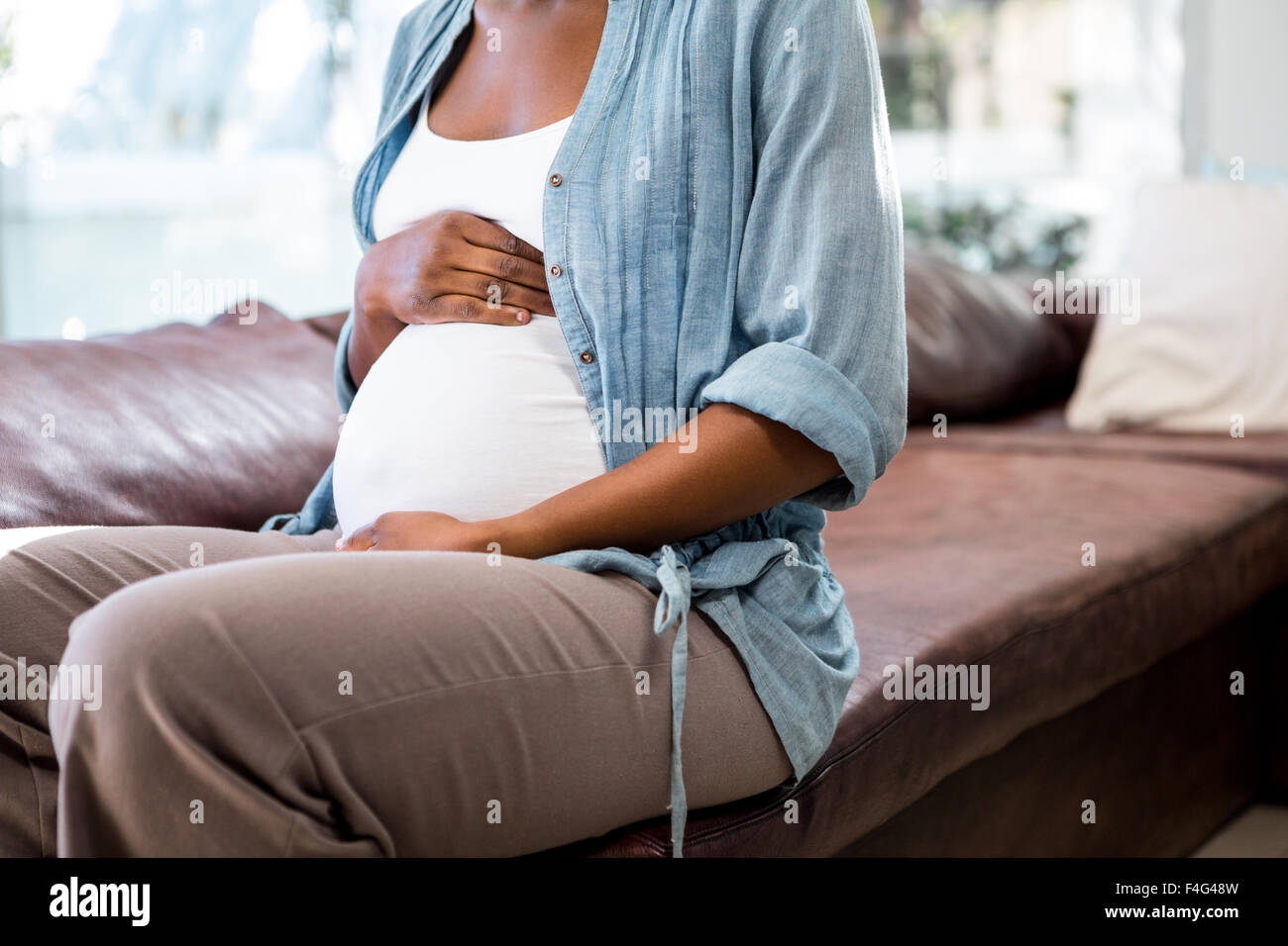 Smiling pregnant woman sitting on the couch Banque D'Images