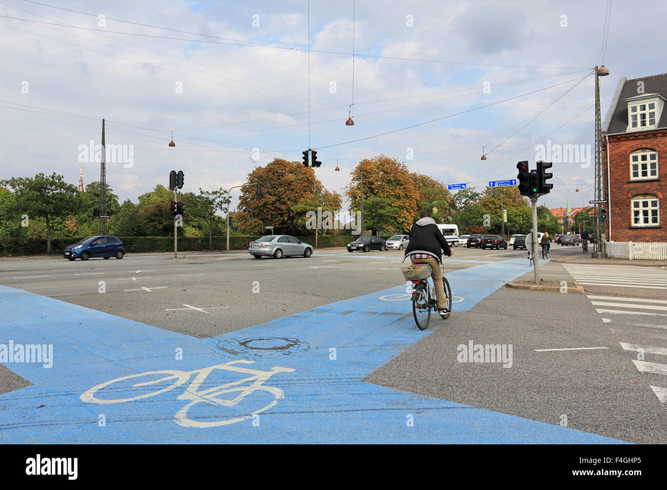 Blue pistes cyclables à Copenhague, Danemark. Banque D'Images