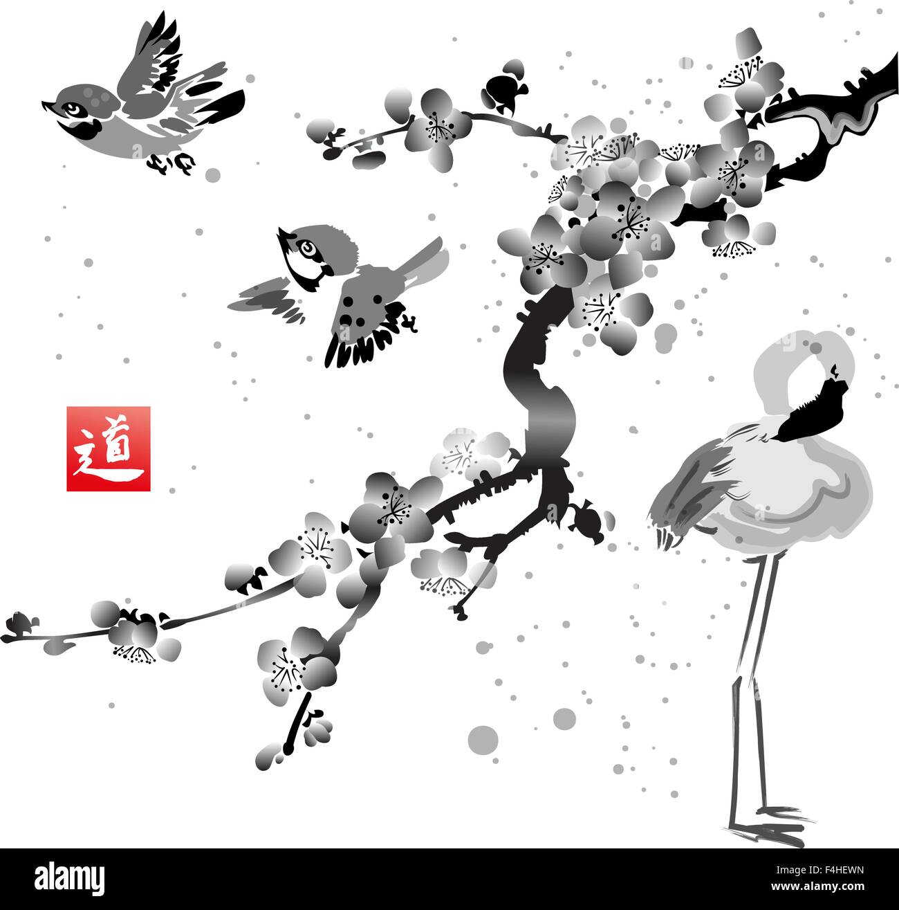 Carte avec sakura dans l'oiseau et des flamants roses. À la main avec de l'encre. La peinture japonaise traditionnelle. Vector illustration. Hiéroglyphe Illustration de Vecteur