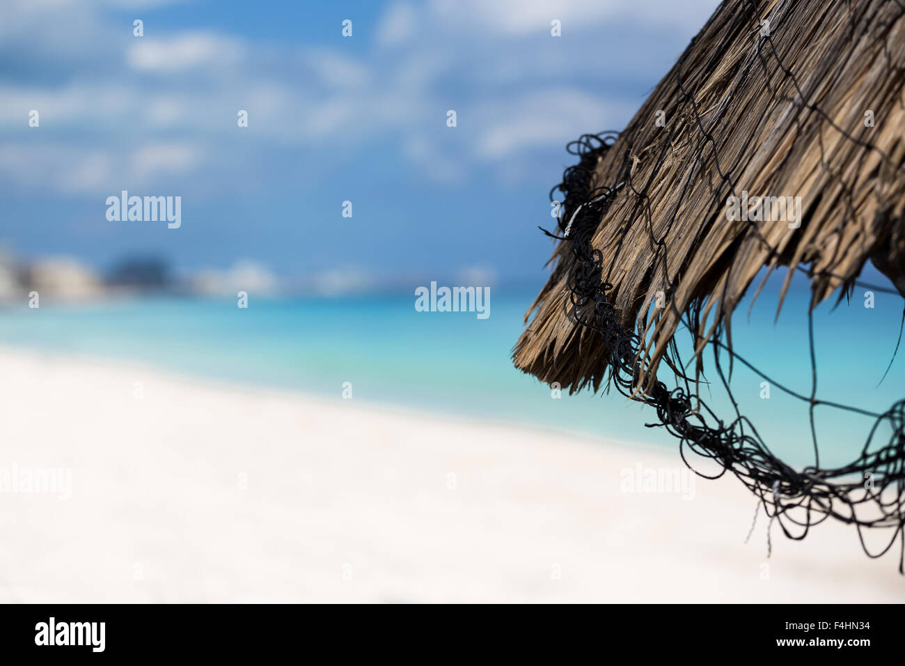 Palm feuilles parasol avec arrière-plan de la mer des Caraïbes Banque D'Images