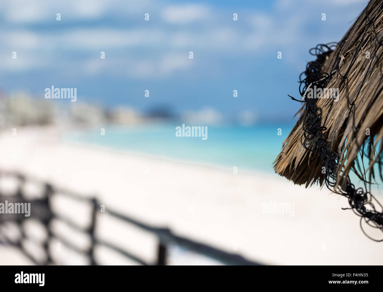Palm feuilles parasol avec arrière-plan de la mer des Caraïbes Banque D'Images