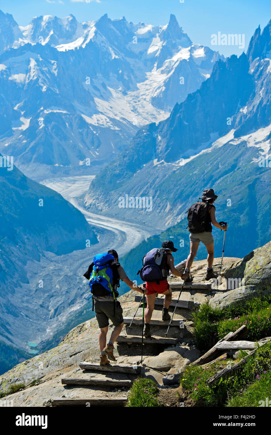 Les randonneurs dans la réserve naturelle nationale des Aiguilles Rouges, vue sur les sommets les Grandes Jorasses et Dent du Géant, à Chamonix, France Banque D'Images