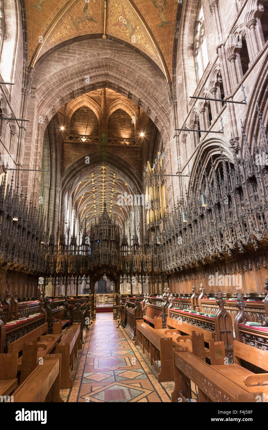 Choeur de la cathédrale de Chester à l'Ouest, Cheshire, Angleterre, Royaume-Uni, Europe Banque D'Images
