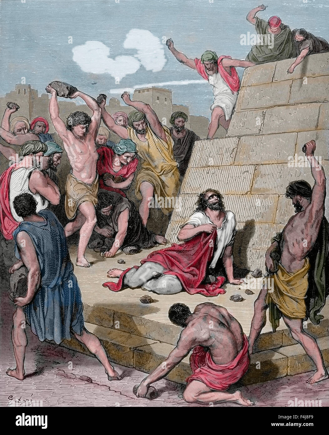 Nouveau Testament. Martydom de Saint Stephen. La gravure. Illustrations de la Bible par Gustave Dore. 19e siècle. De couleur. Banque D'Images