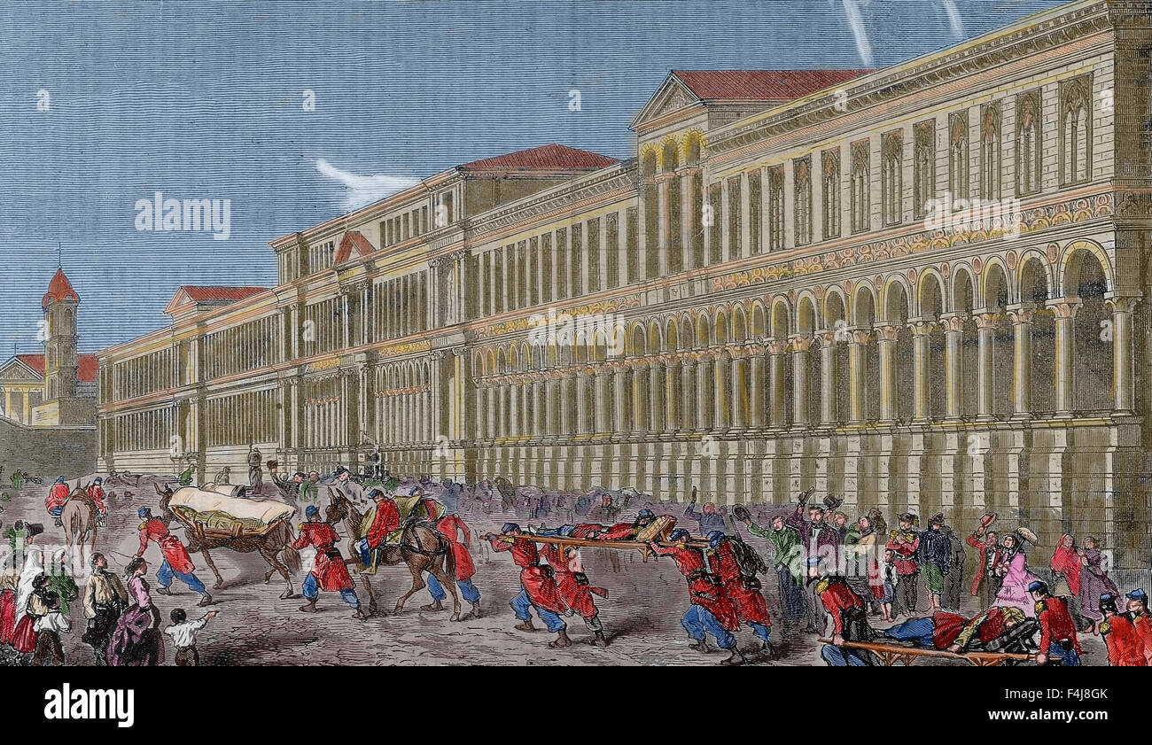 L'Italie. L'hôpital de Milan. Convoi de blessés à partir de la bataille de Magenta. 4 juin, 1859. Deuxième Guerre d'indépendance Italienne. Gravure en couleur. Banque D'Images