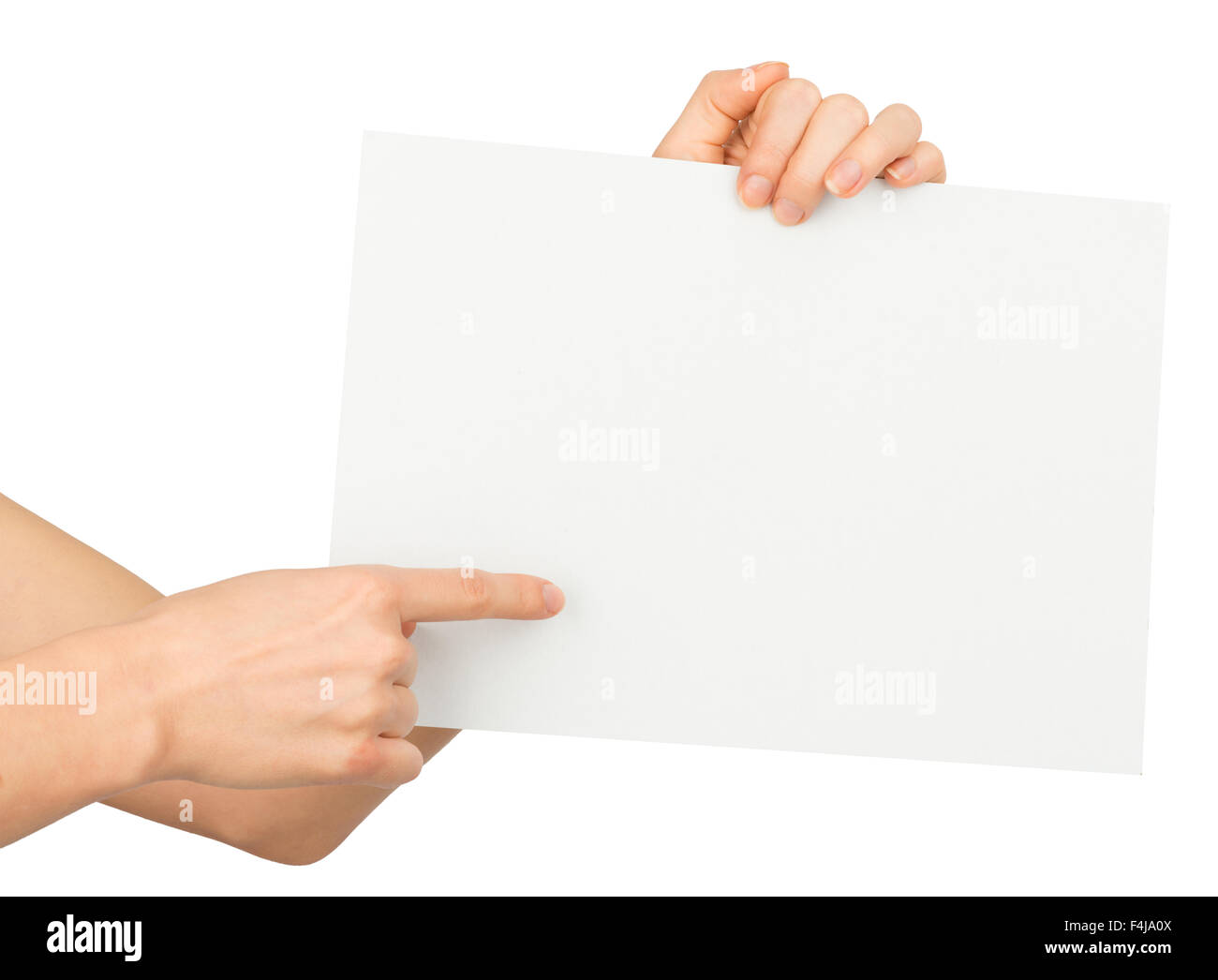 Homme pointer du doigt le papier blanc Banque D'Images