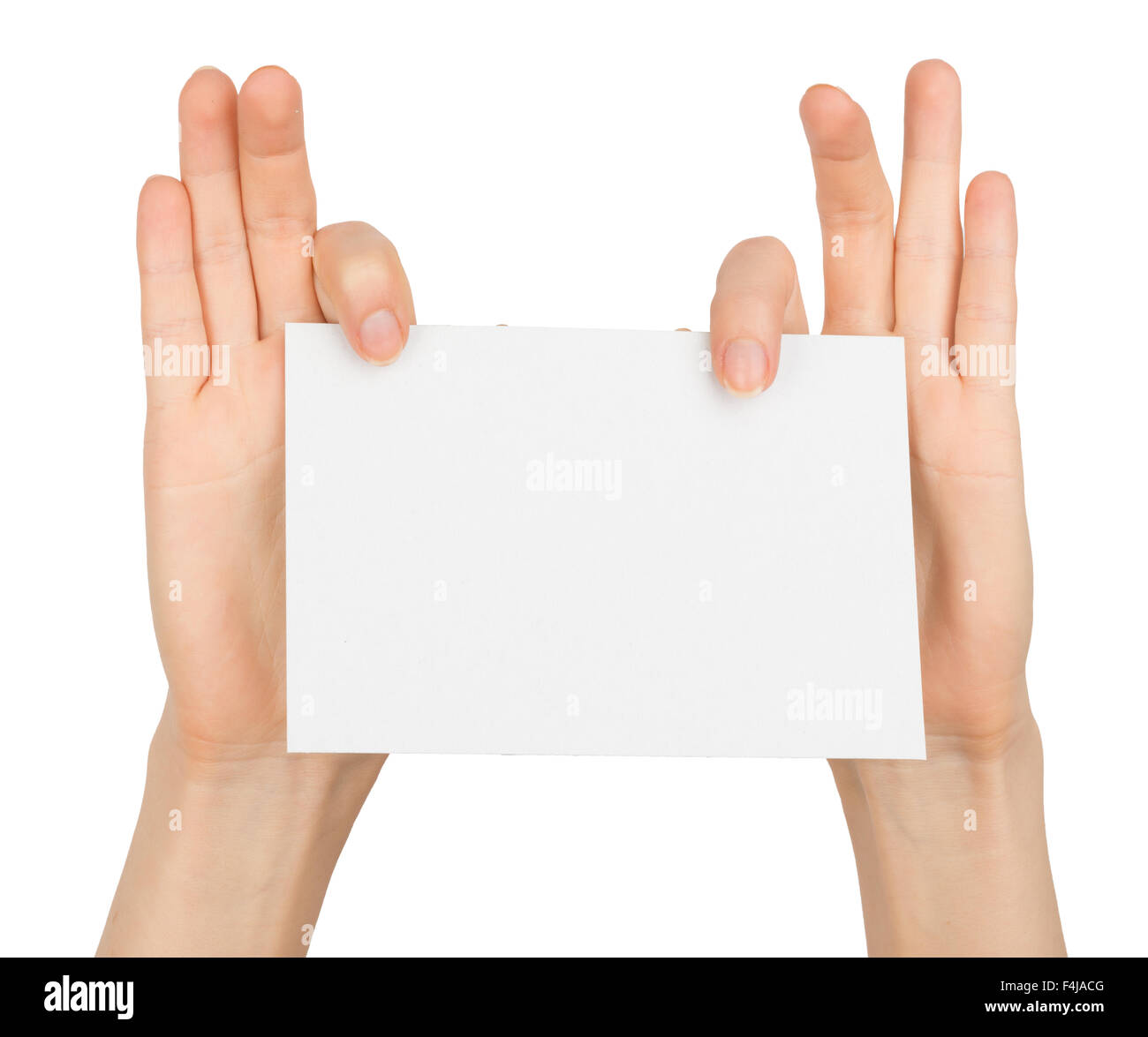 Droit de womans hand holding carte vierge avec les doigts Banque D'Images