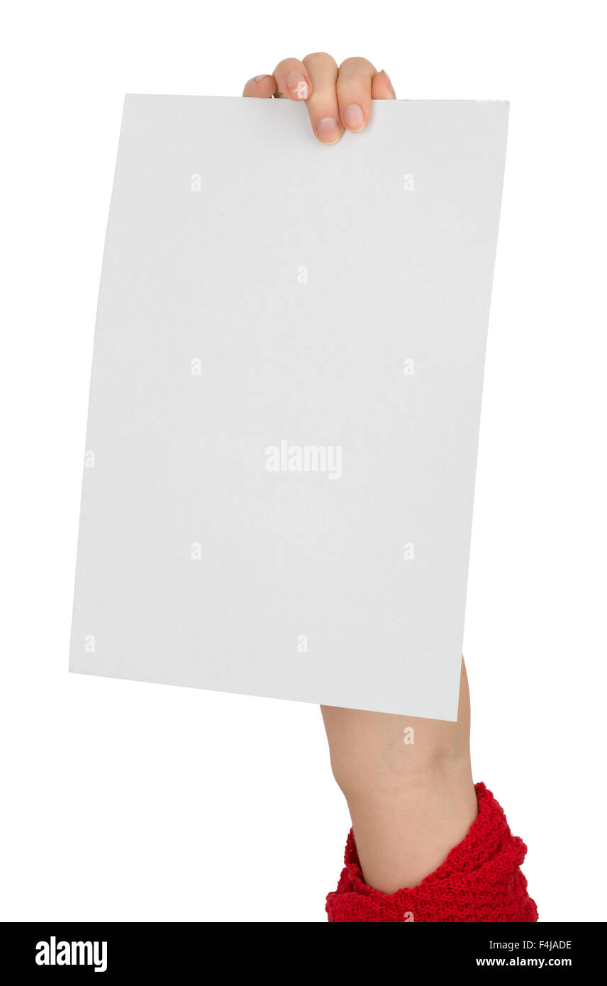 L'homme main droite holding big papier vierge Banque D'Images