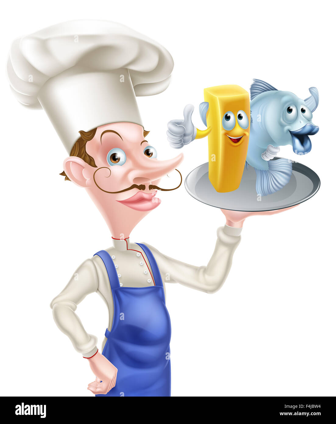 Une caricature chef holding un plat ou une plaque avec du poisson et des frites de caractères sur elle Banque D'Images