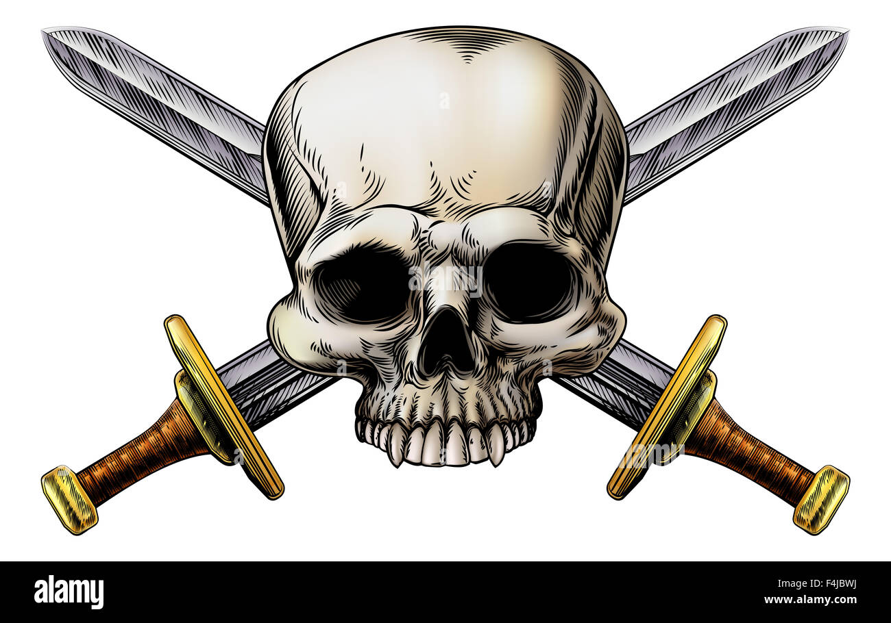 Un crâne humain et des épées croisées en signe de pirate vintage style sur bois Banque D'Images