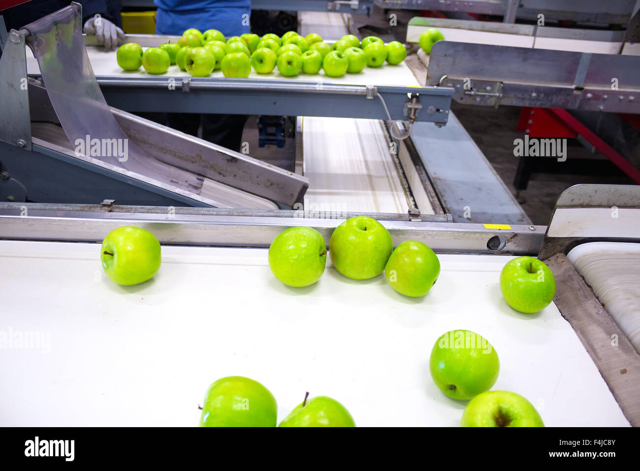 La pomme verte sur un convoyeur à courroie Banque D'Images