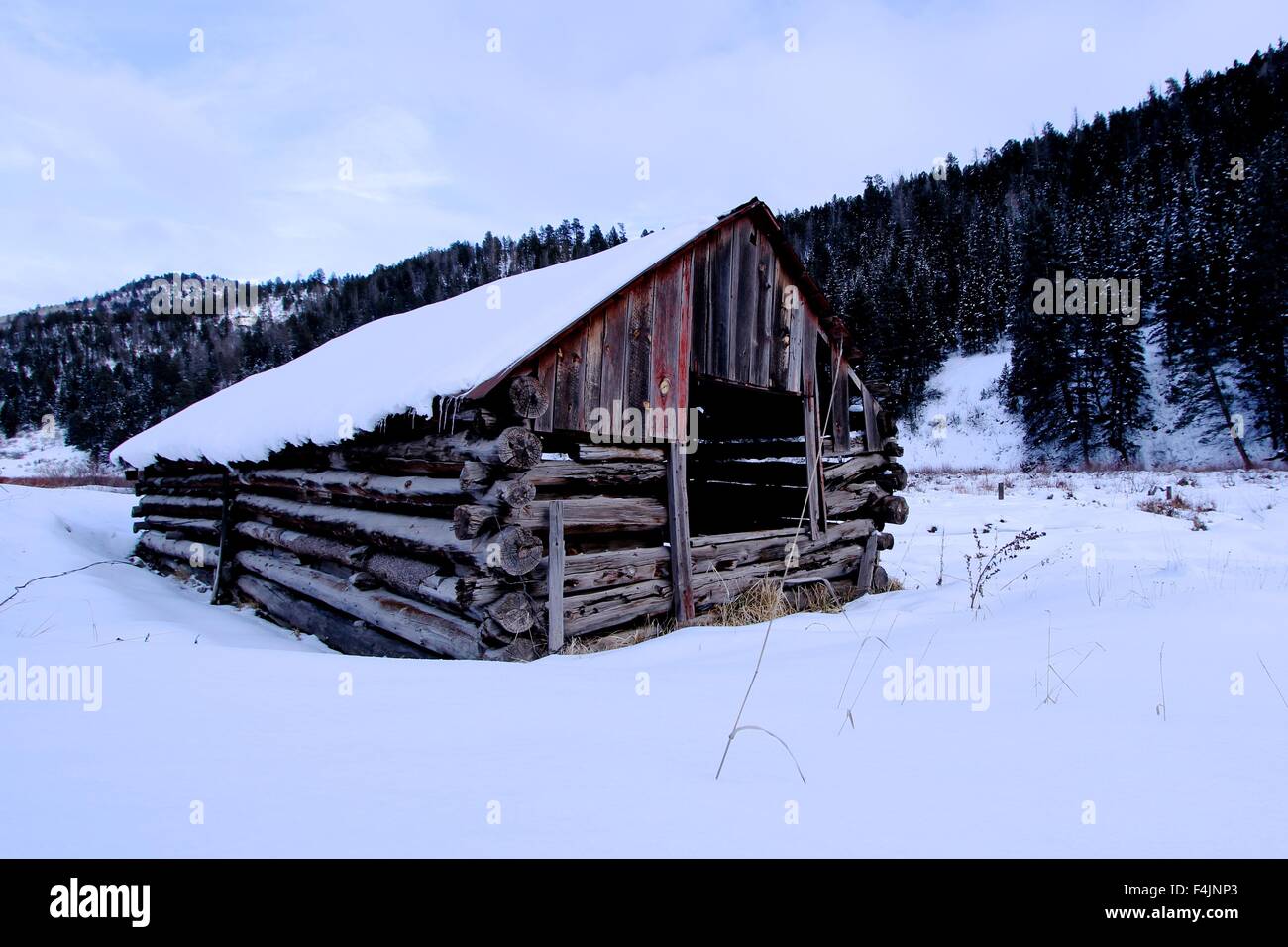 Une ancienne grange du Colorado dans la neige à Telluride. Banque D'Images