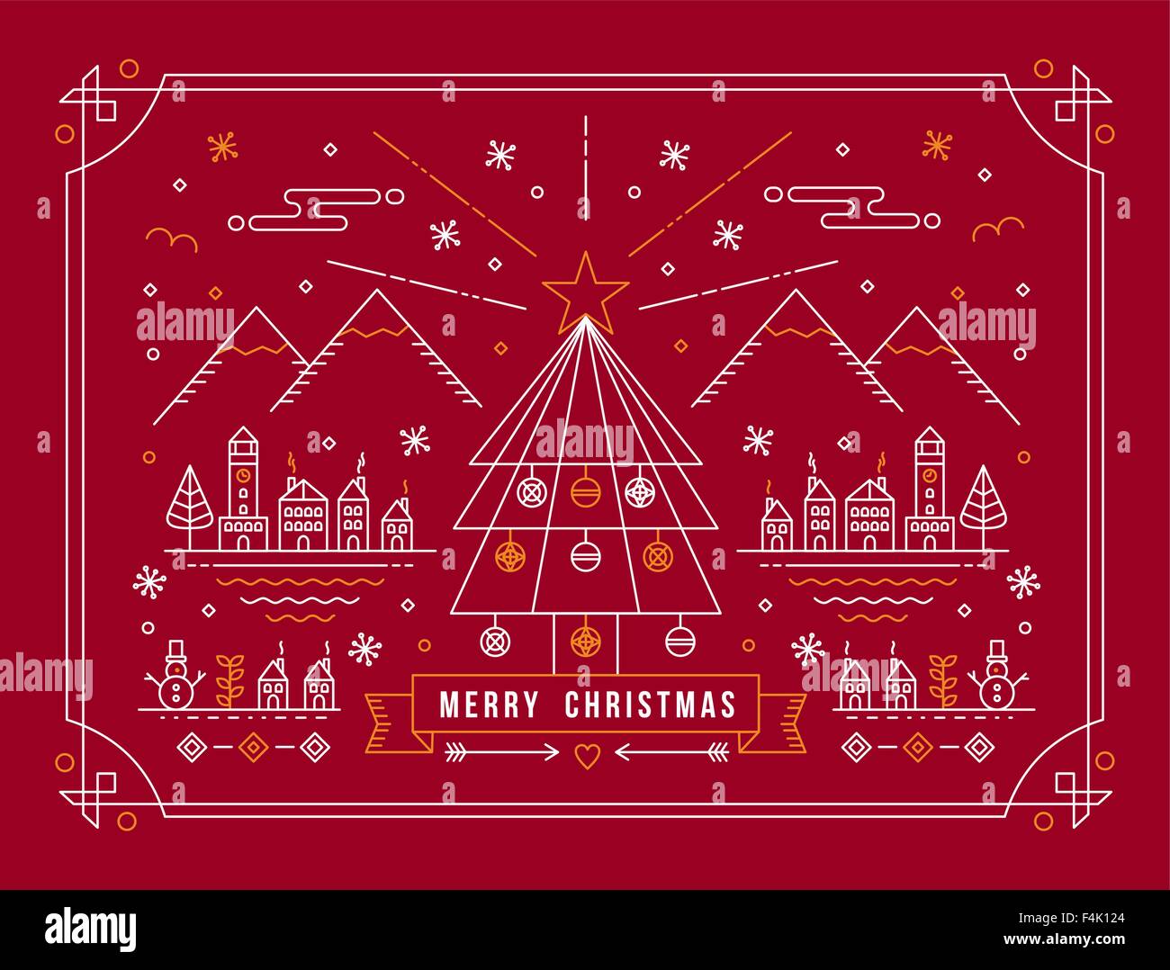 Joyeux Noël carte en contours style linéaire. Conception de la ville de montagne avec arbre de Noël, la neige et l'hiver de éléments. EPS10 Illustration de Vecteur