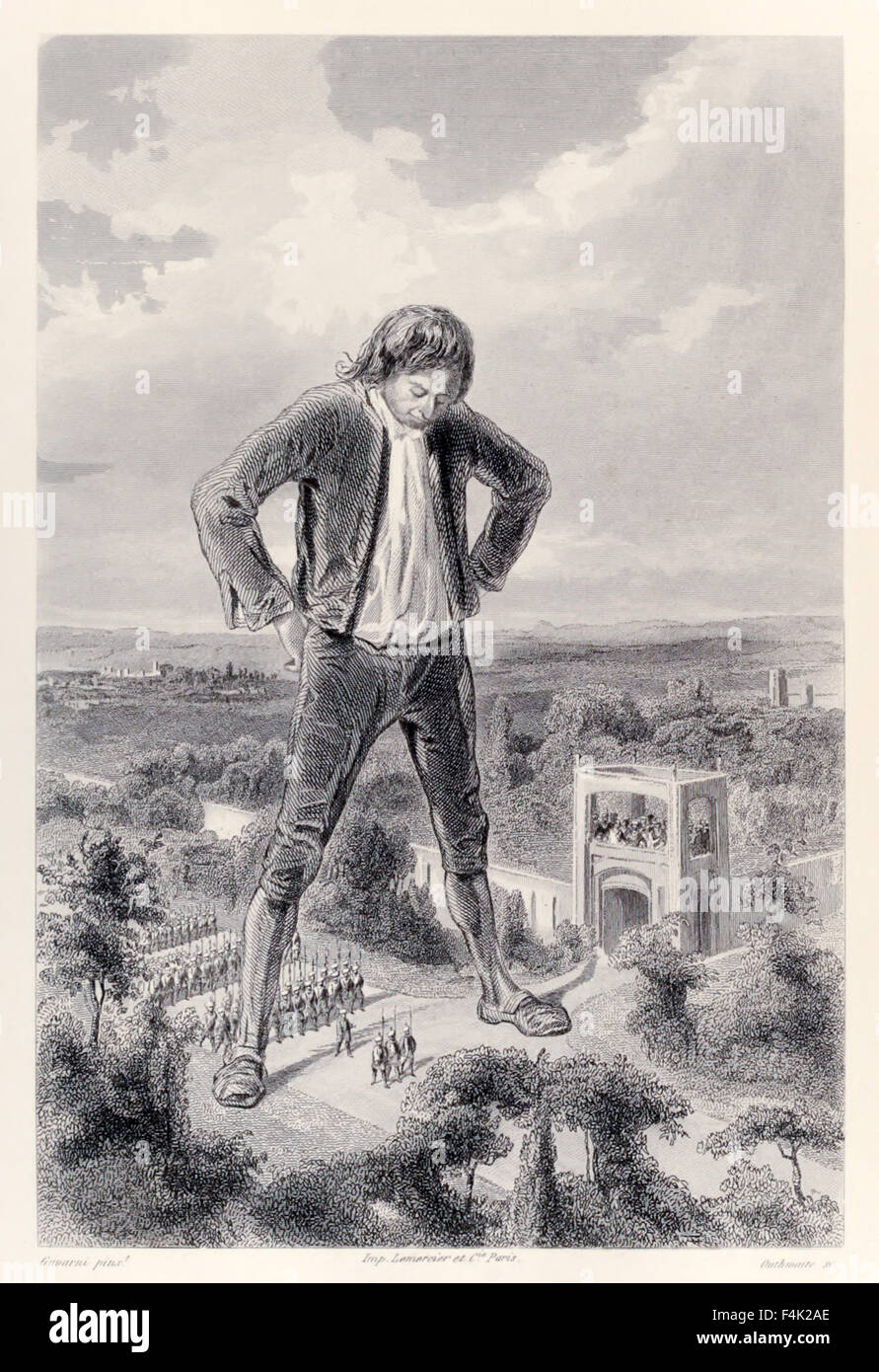 L'armée Lilliputian mars entre les jambes de Gulliver, à partir de la version française de "Voyages de Gulliver" de Jonathan Swift (1667-1745), illustration par Paul Gavarni (1804-1866). Voir la description pour plus d'informations. Banque D'Images