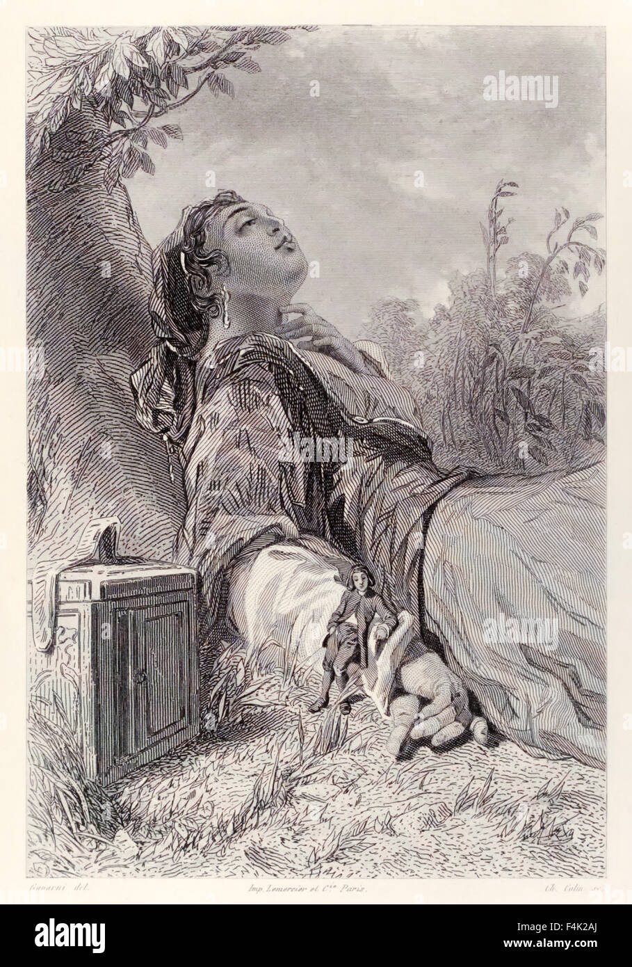 Gulliver et Glumdalclitch, à partir de la version française de "Voyages de Gulliver" de Jonathan Swift (1667-1745), illustration par Paul Gavarni (1804-1866). Voir la description pour plus d'informations. Banque D'Images