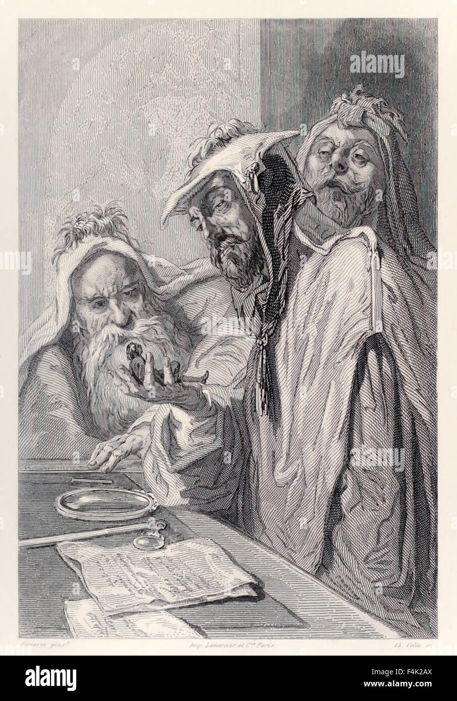 Le Lordbruldrud Gulliverfrom les scientifiques d'examiner l'édition française de "Voyages de Gulliver" de Jonathan Swift (1667-1745), illustration par Paul Gavarni (1804-1866). Voir la description pour plus d'informations. Banque D'Images