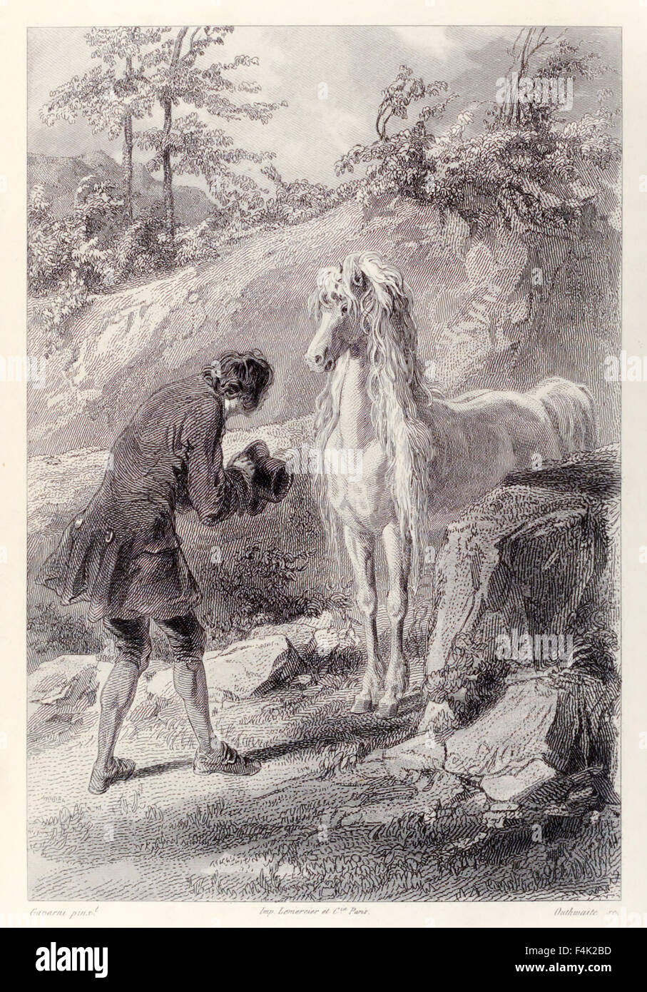 Le cheval s'arrêta et me regarda, de l'édition française de "Voyages de Gulliver" de Jonathan Swift (1667-1745), illustration par Paul Gavarni (1804-1866). Voir la description pour plus d'informations. Banque D'Images