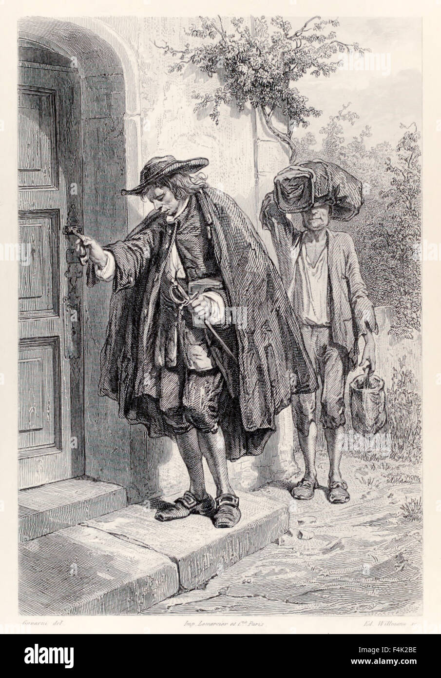 Gulliver arrive à la maison à trois heures de l'après-midi et entre dans la chambre, à partir de la version française de "Voyages de Gulliver" de Jonathan Swift (1667-1745), illustration par Paul Gavarni (1804-1866). Voir la description pour plus d'informations. Banque D'Images