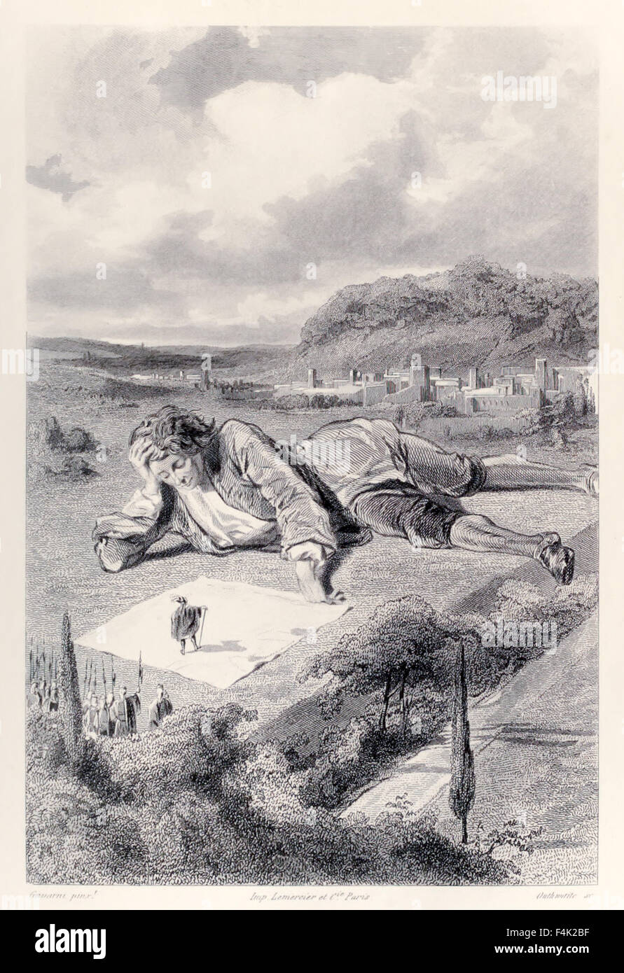Gulliver a une audience avec l'empereur de Lilliput, à partir de la version française de "Voyages de Gulliver" de Jonathan Swift (1667-1745), illustration par Paul Gavarni (1804-1866). Voir la description pour plus d'informations. Banque D'Images