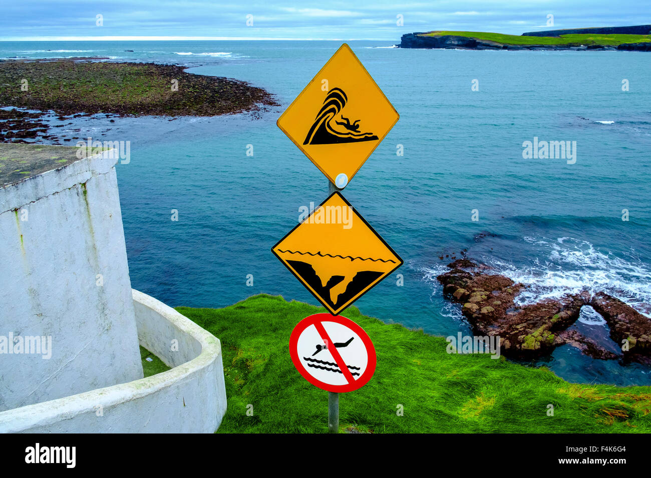 Panneau d'avertissement danger vagues rochers côte d'interdiction de baignade Banque D'Images