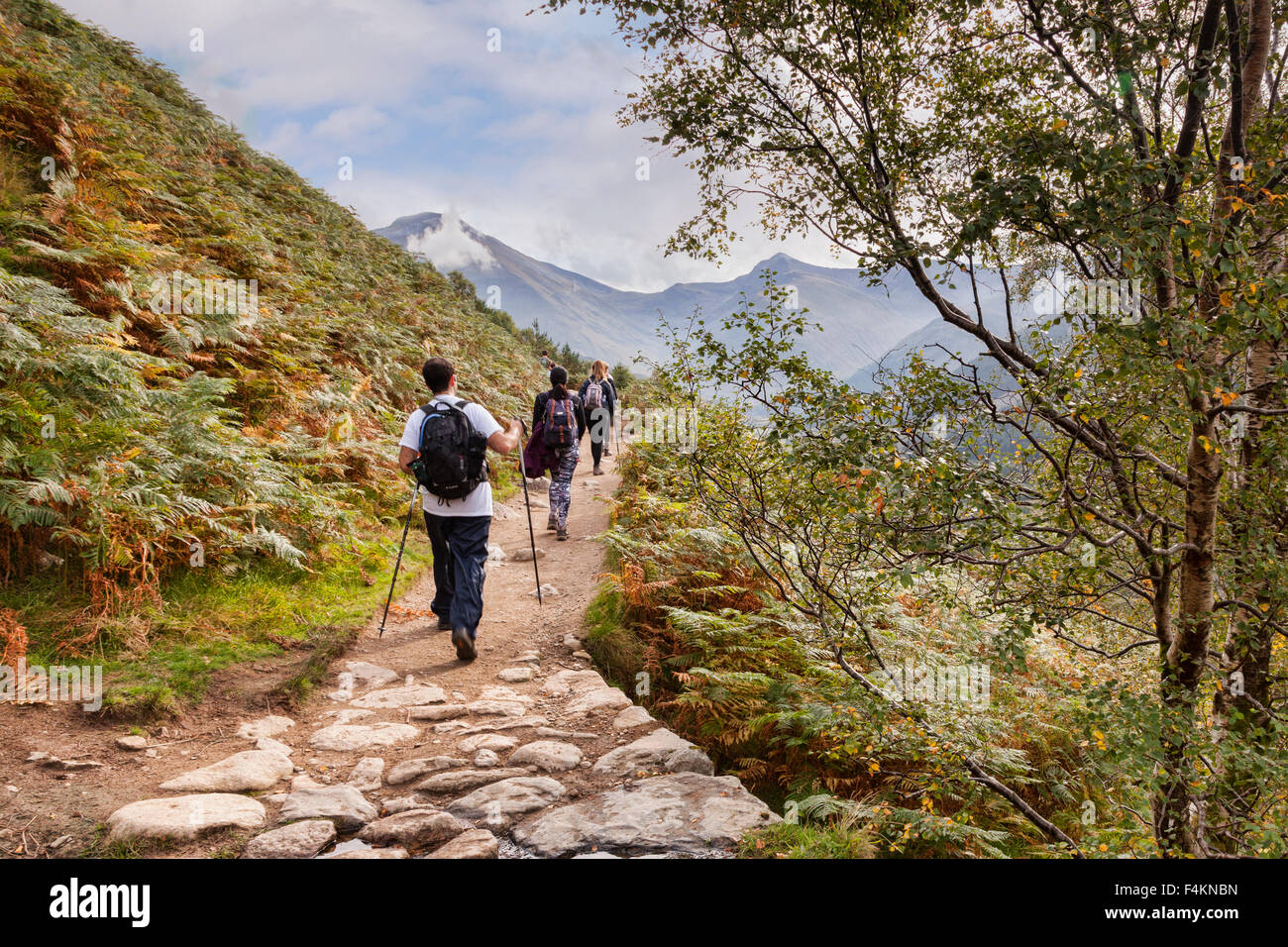 Randonneurs sur le chemin de Ben Nevis avec bâtons de randonnée, Highland, Scotland, UK Banque D'Images