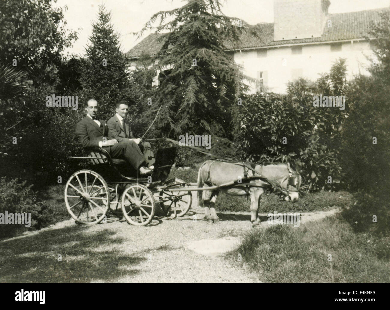 Deux hommes sur un chariot tiré par des poneys, Italie Banque D'Images