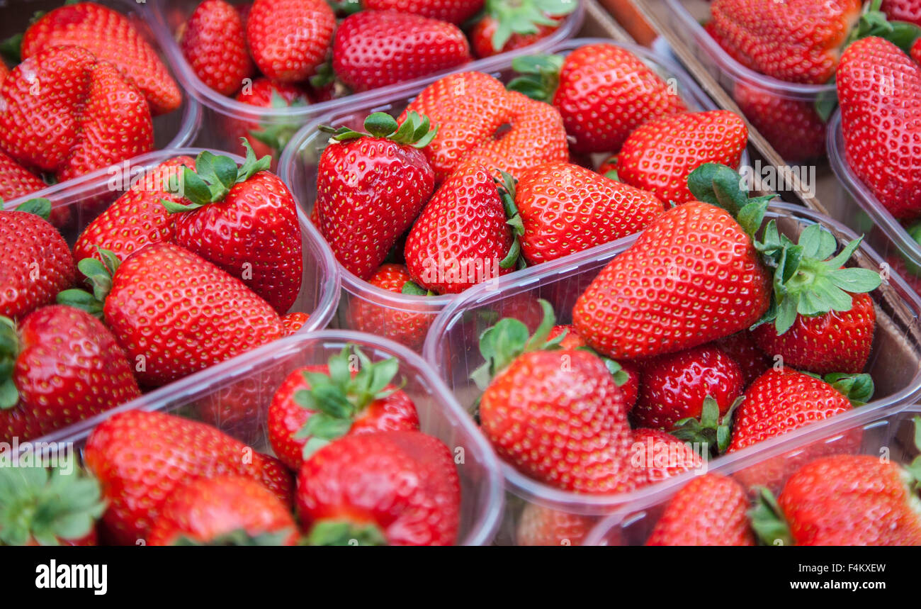 Belle fraise mûre at market stall Banque D'Images