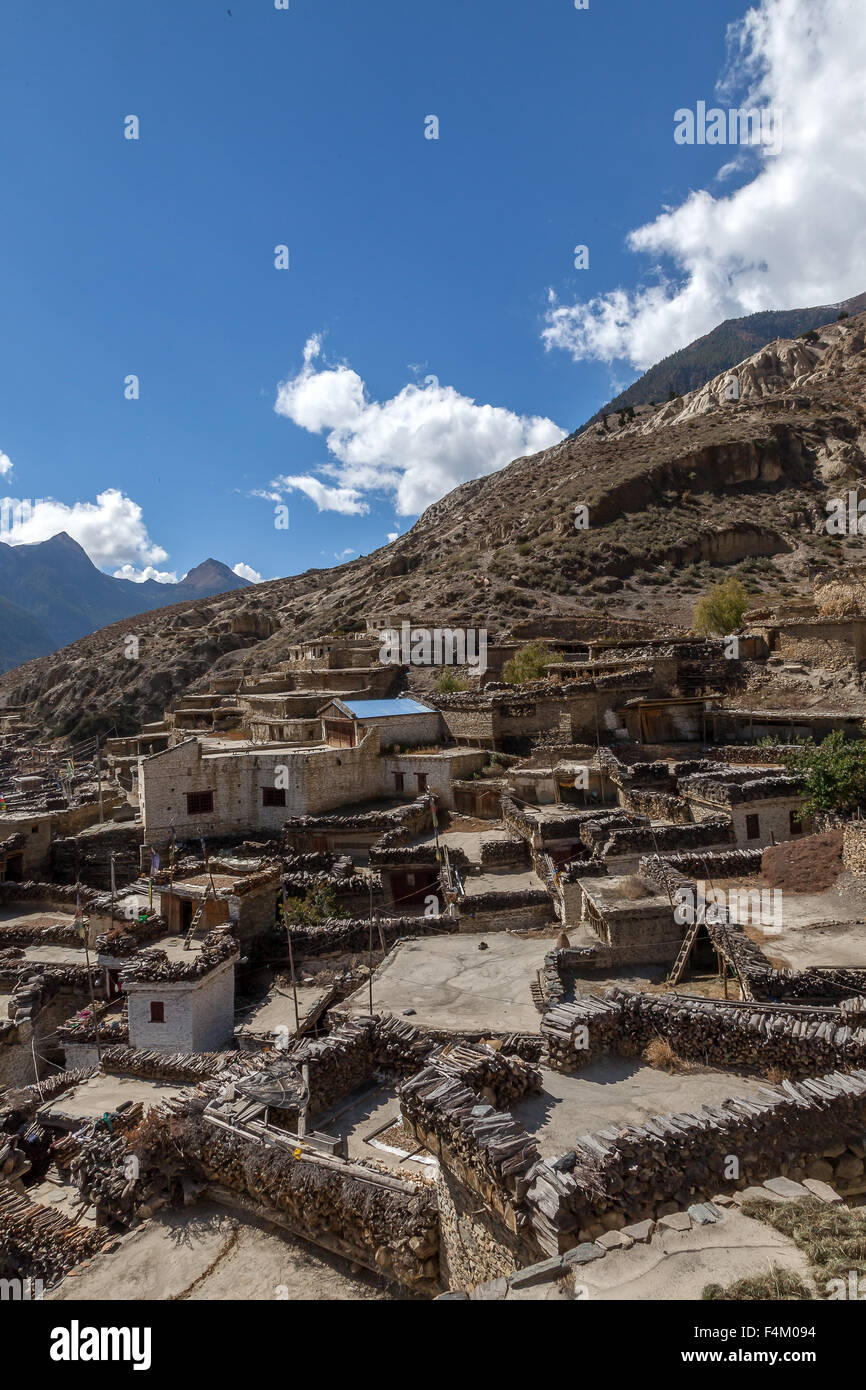 Vue sur le toit, village de Marpha, Mustang, au Népal. Banque D'Images