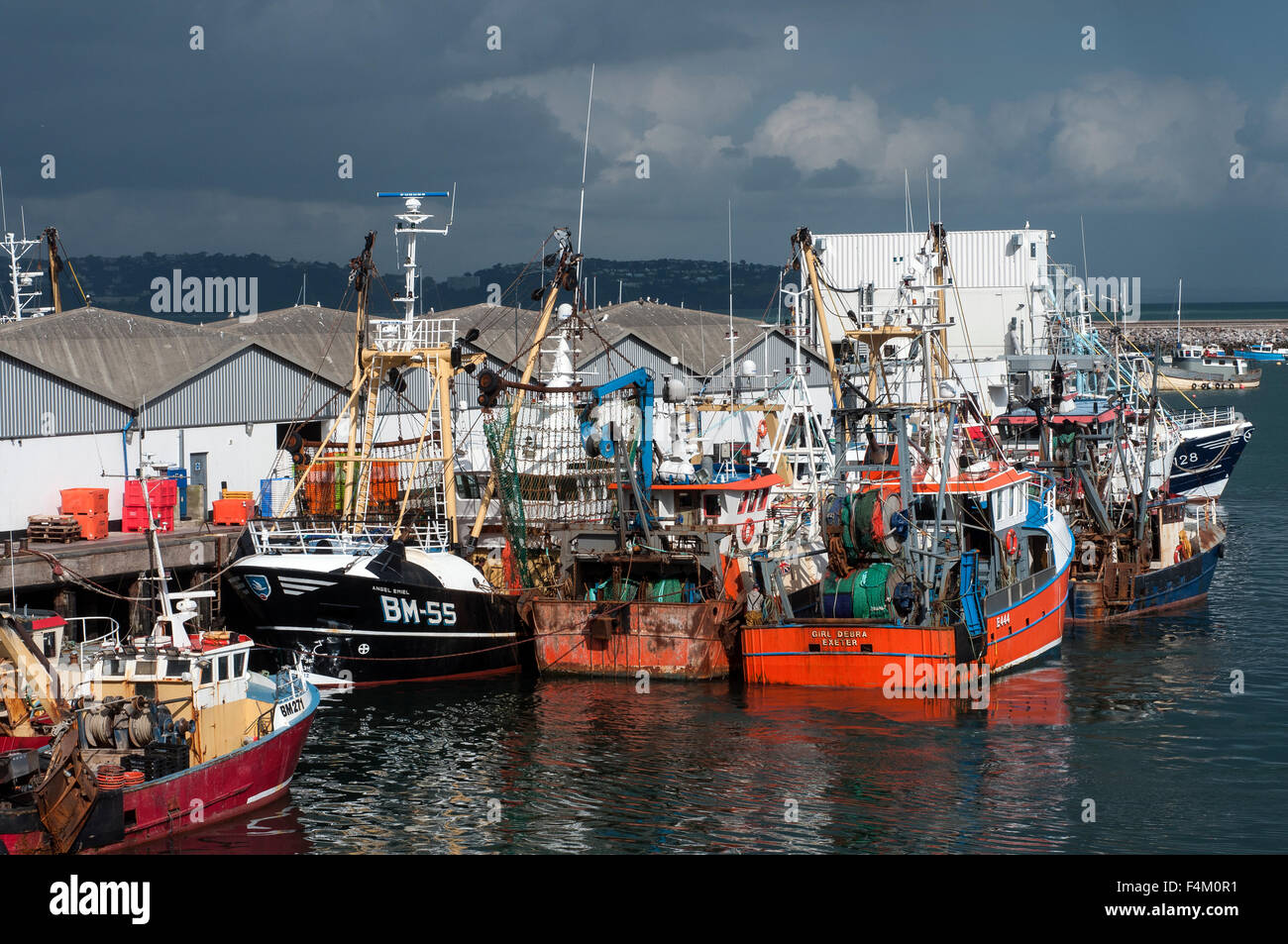 BM 55,bateaux, Brixham, Devon, flotte de pêche, port, quai, de l'industrie, les chalutiers, les bateaux,chalutier, Brixham, machines, pêche côtière, mas Banque D'Images