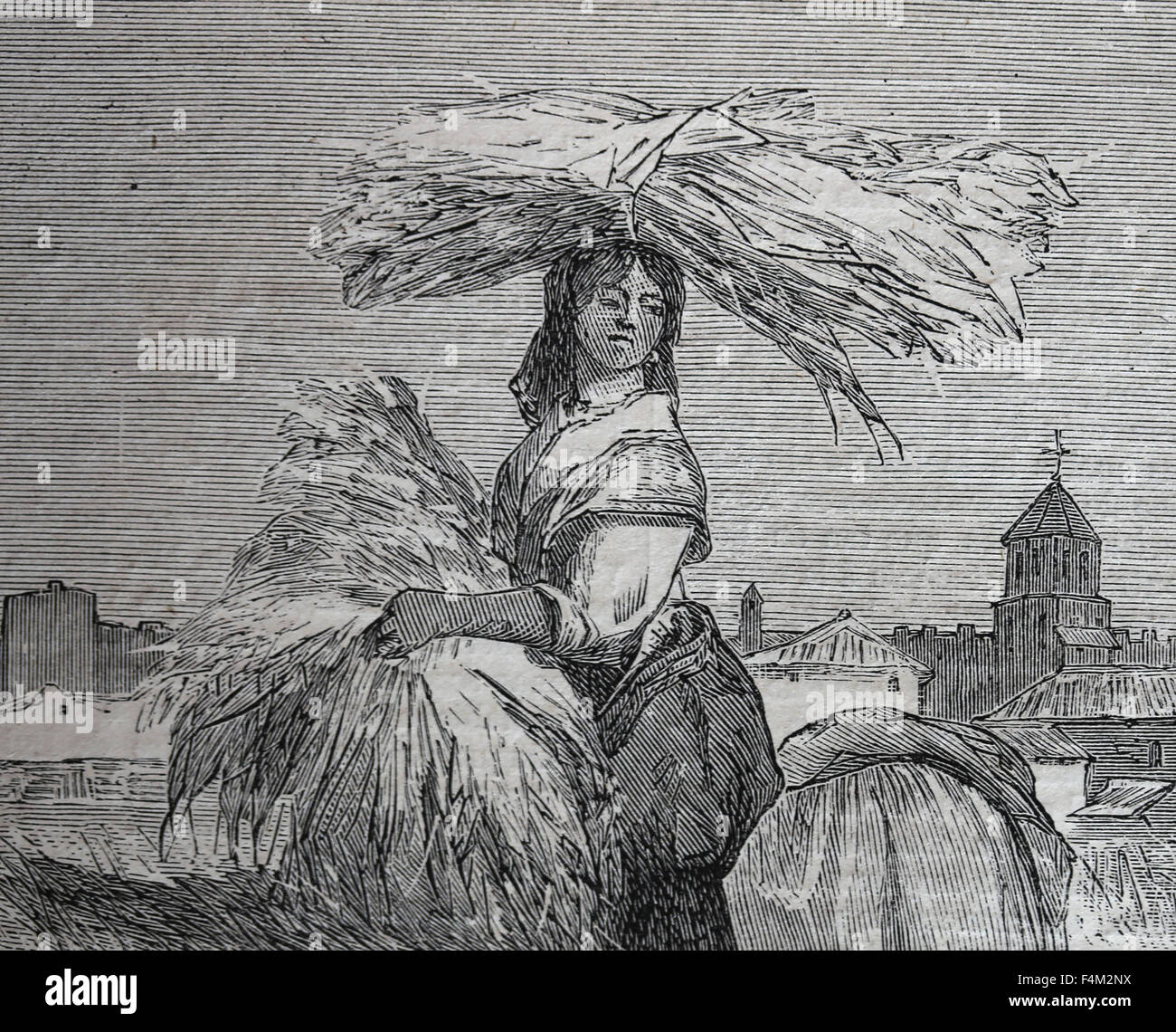 L'Europe. L'Espagne. Les douanes espagnoles. La récolte. Dessin par Valeriano Becquer et gravure de Rico. Almanach. L'illustration, l'Espagne. Banque D'Images