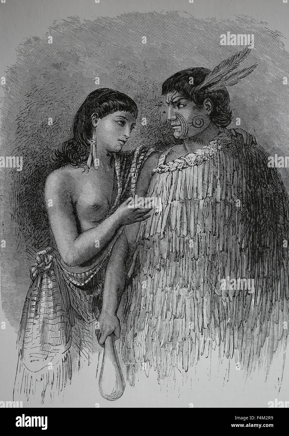 Îles du Pacifique. La Nouvelle-Zélande. Un chef maori avec sa femme, 1880. La gravure. Banque D'Images