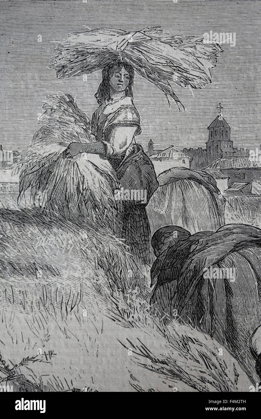 L'Europe. L'Espagne. Les douanes espagnoles. La récolte. Dessin par Valeriano Becquer et gravure de Rico. Almanach. L'illustration, l'Espagne. Banque D'Images