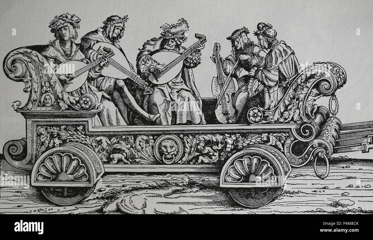 L'Europe. L'Italie. Chariot avec des musiciens jouant divers instruments de musique. Renaissance. La gravure. Banque D'Images