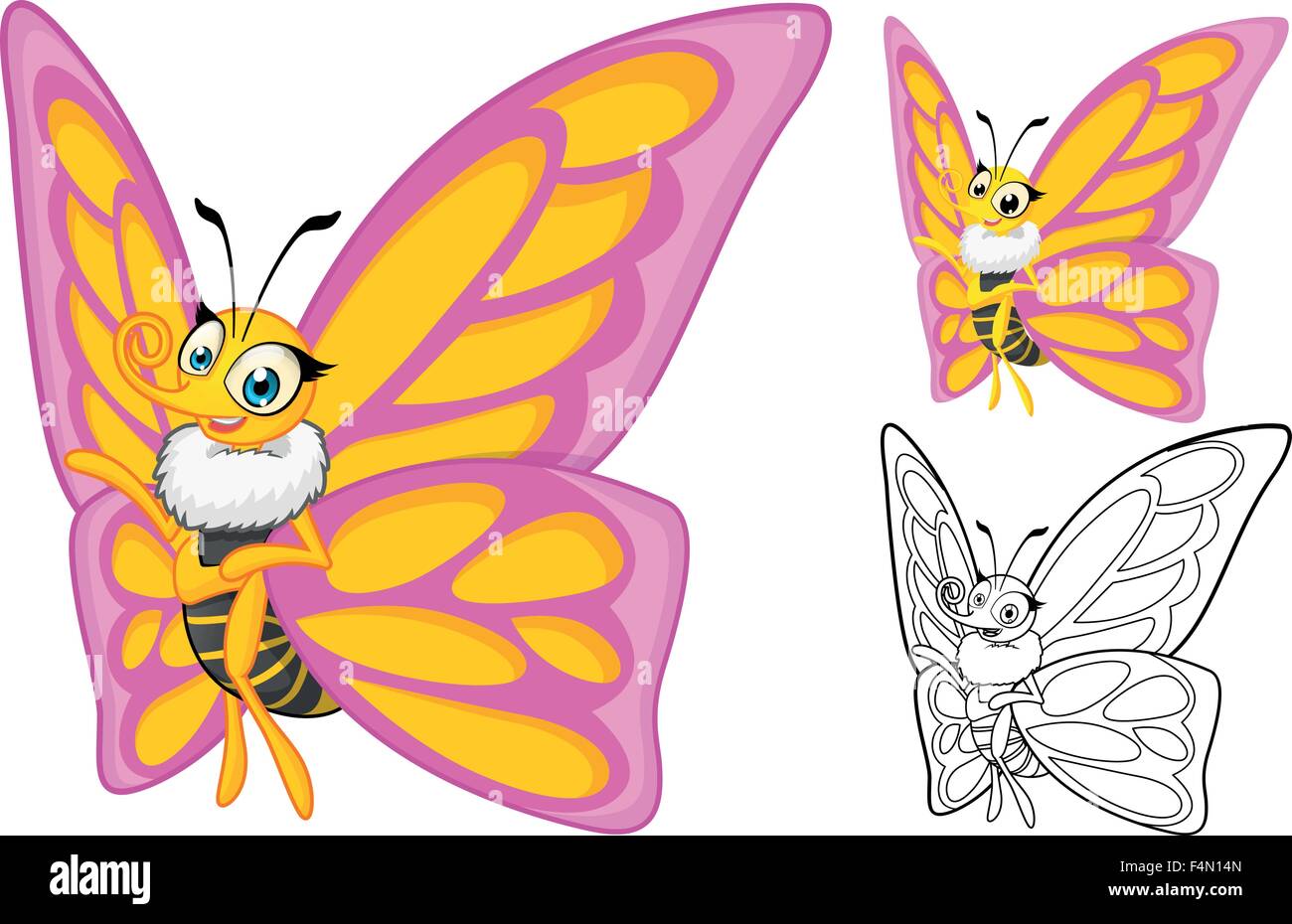 Papillon détaillée Personnage avec télévision et Design Art Ligne Version noir et blanc Illustration de Vecteur