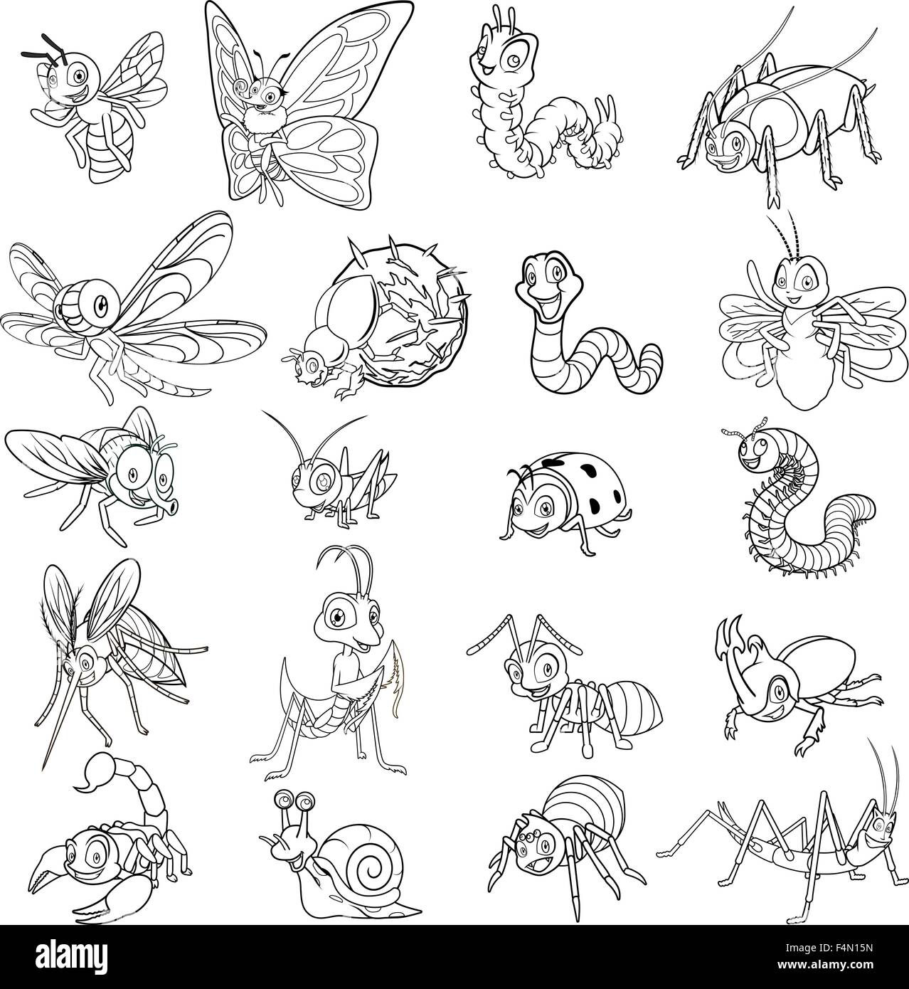 Ensemble de caractère de dessin animé d'insectes L'Art de la ligne décrite Vector Illustration Illustration de Vecteur
