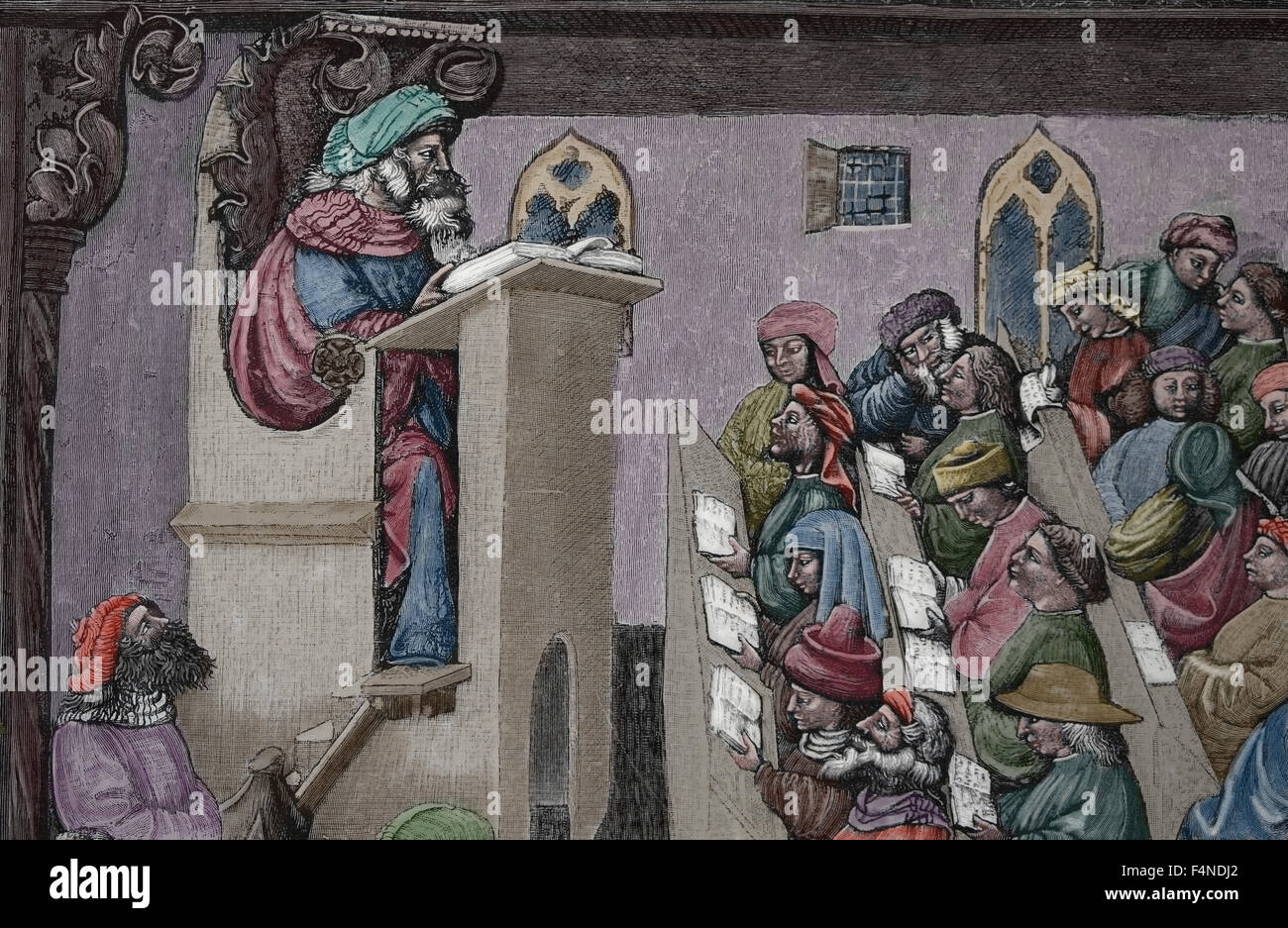 L'université médiévale. Gravure, 19ème siècle. La couleur. Banque D'Images