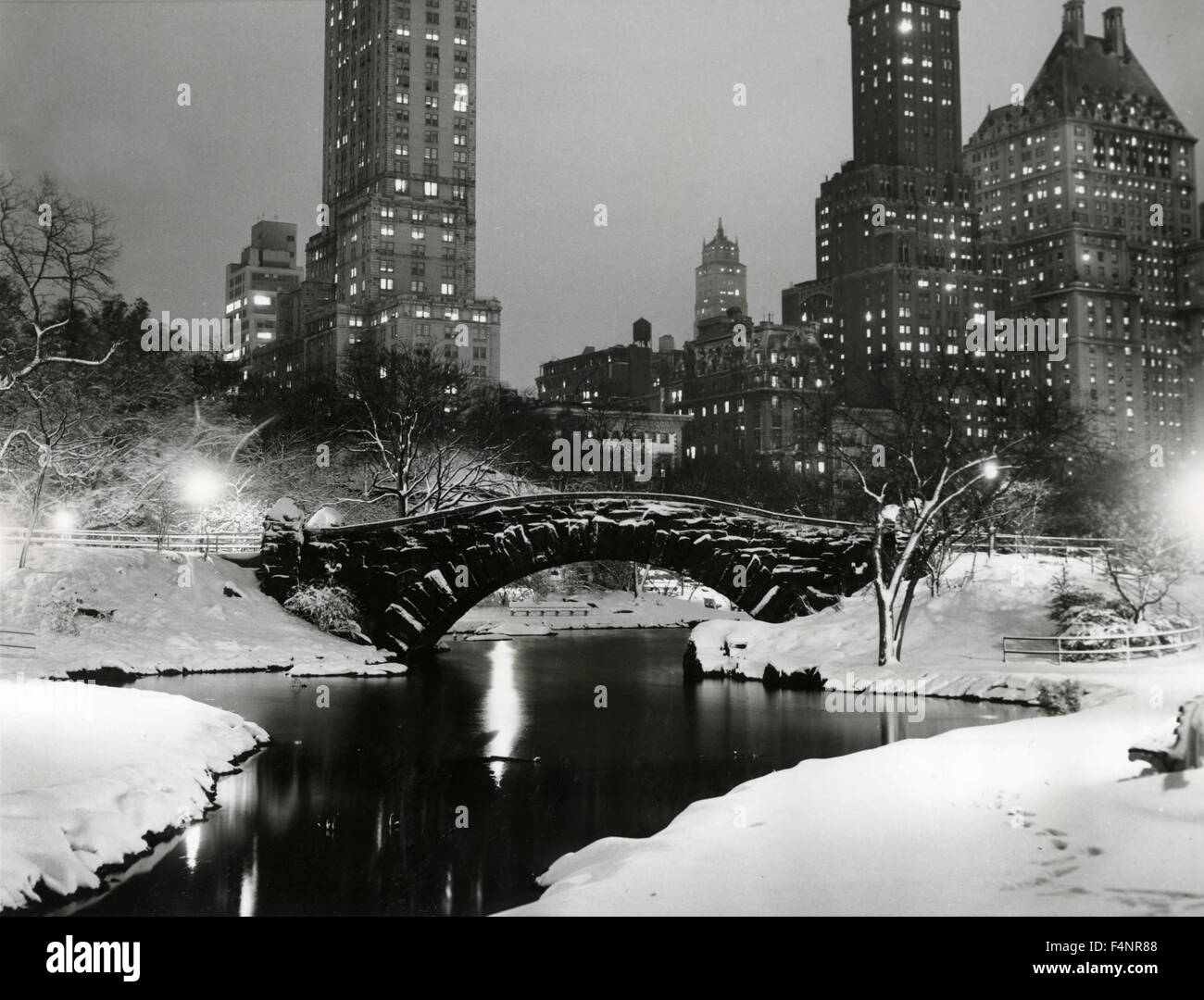 Central Park de nuit avec la neige, New York, USA Banque D'Images