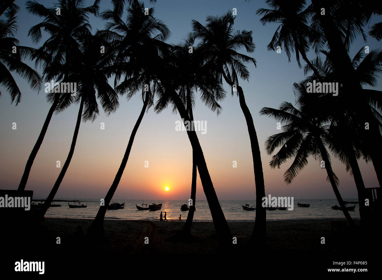 La silhouette des cocotiers encadrent la lueur coucher du soleil sur l'horizon à la plage de Ngapali Myanmar Banque D'Images