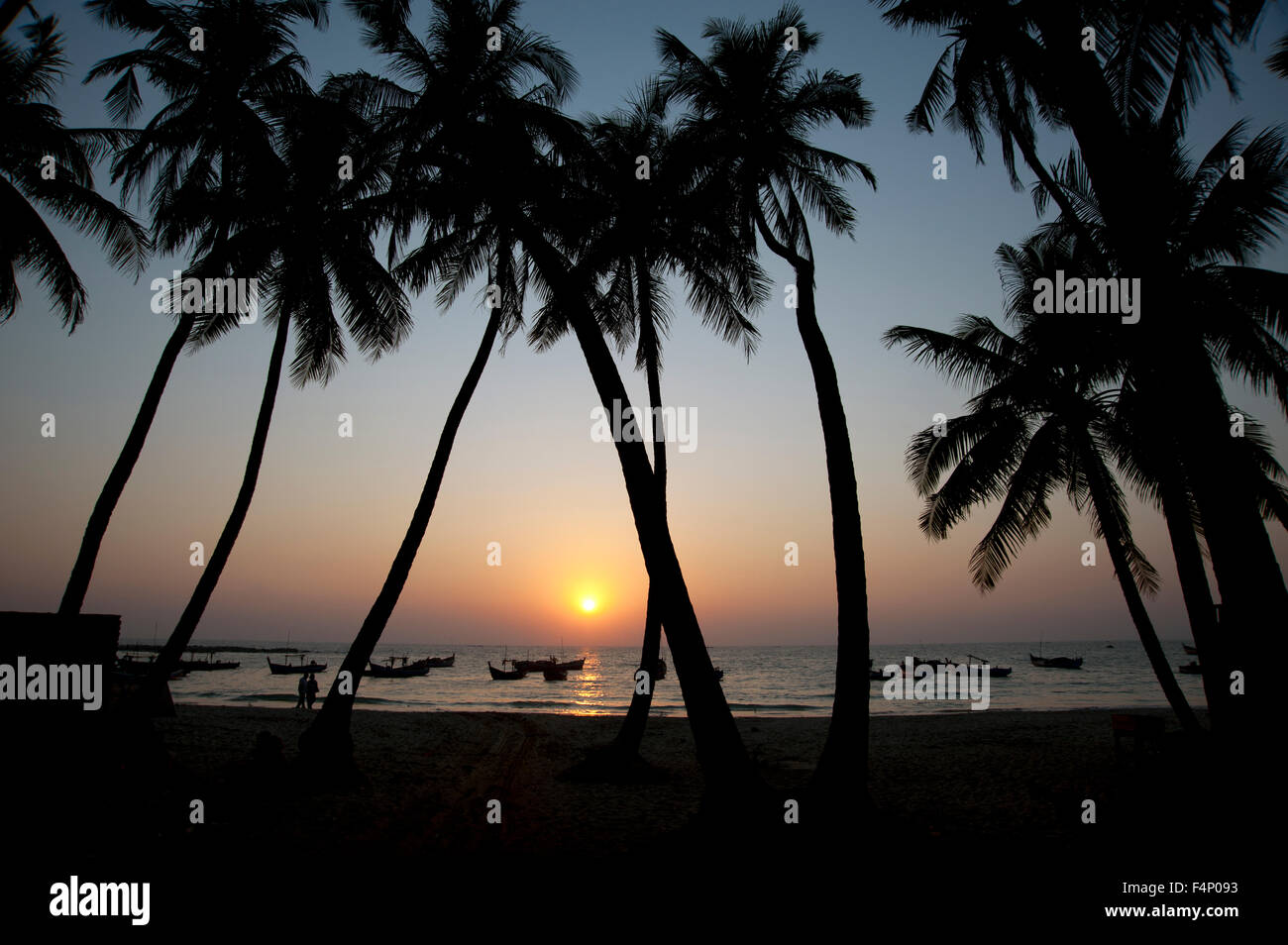 La silhouette des cocotiers encadrent la lueur coucher du soleil sur l'horizon à la plage de Ngapali Myanmar Banque D'Images