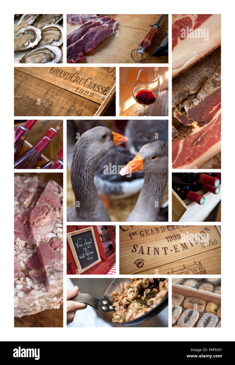 Des plats et des vins français sur un collage Banque D'Images