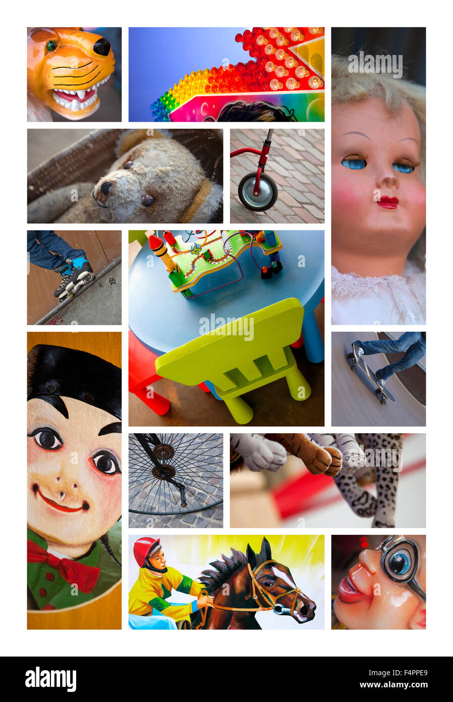 Divers jouets et des marionnettes sur un collage Banque D'Images