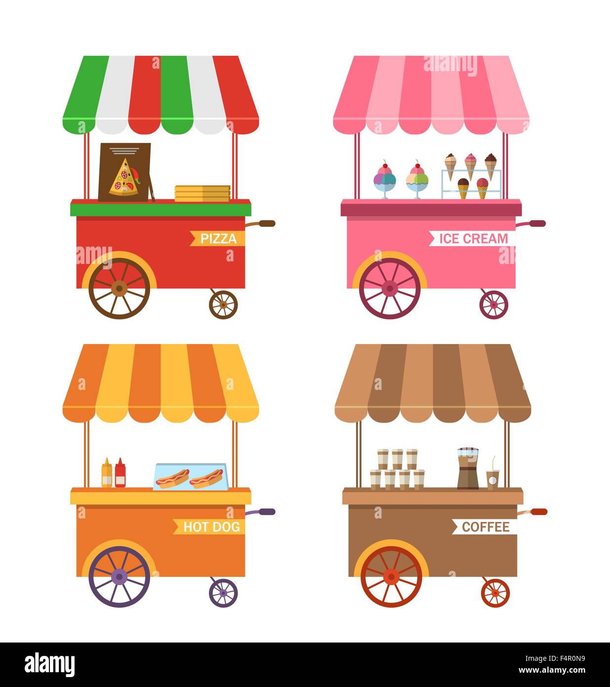 Icônes Set de Trolley Panier de Pizza Illustration de Vecteur