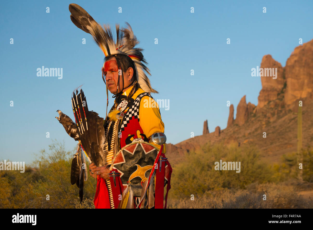 USA, United States, Amérique du Nord, l'Arizona, au sud-ouest du désert, Indienne, insignes, guerrier, homme, falaises, portrait, Jim Yellowhawk, indigène, Banque D'Images